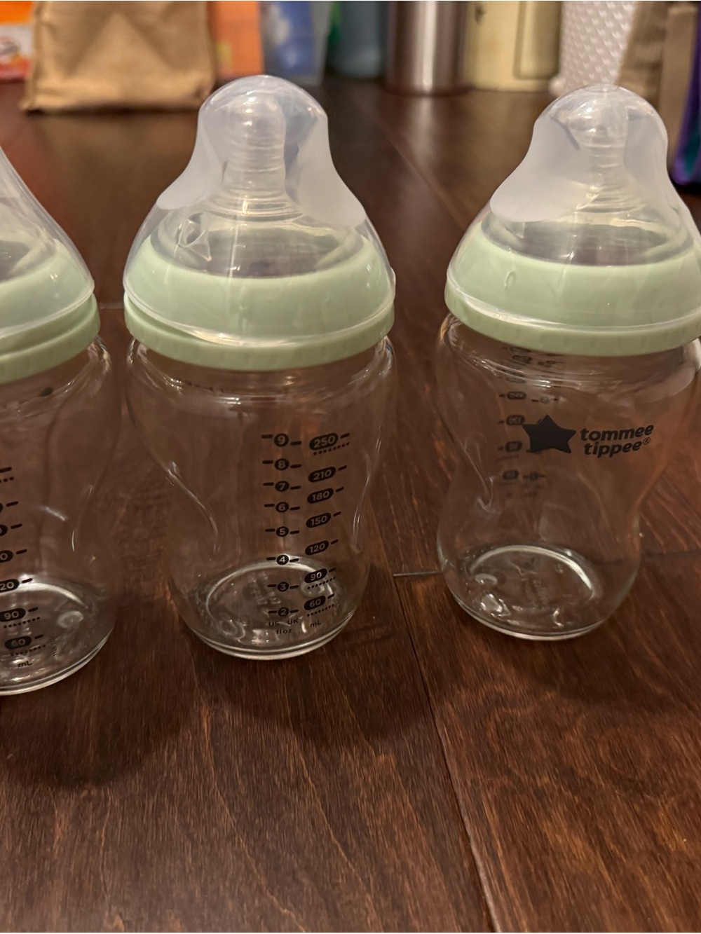 Tommee Tippee Clear Glass 9 oz Baby Bottles with Sage Lids - set of 3